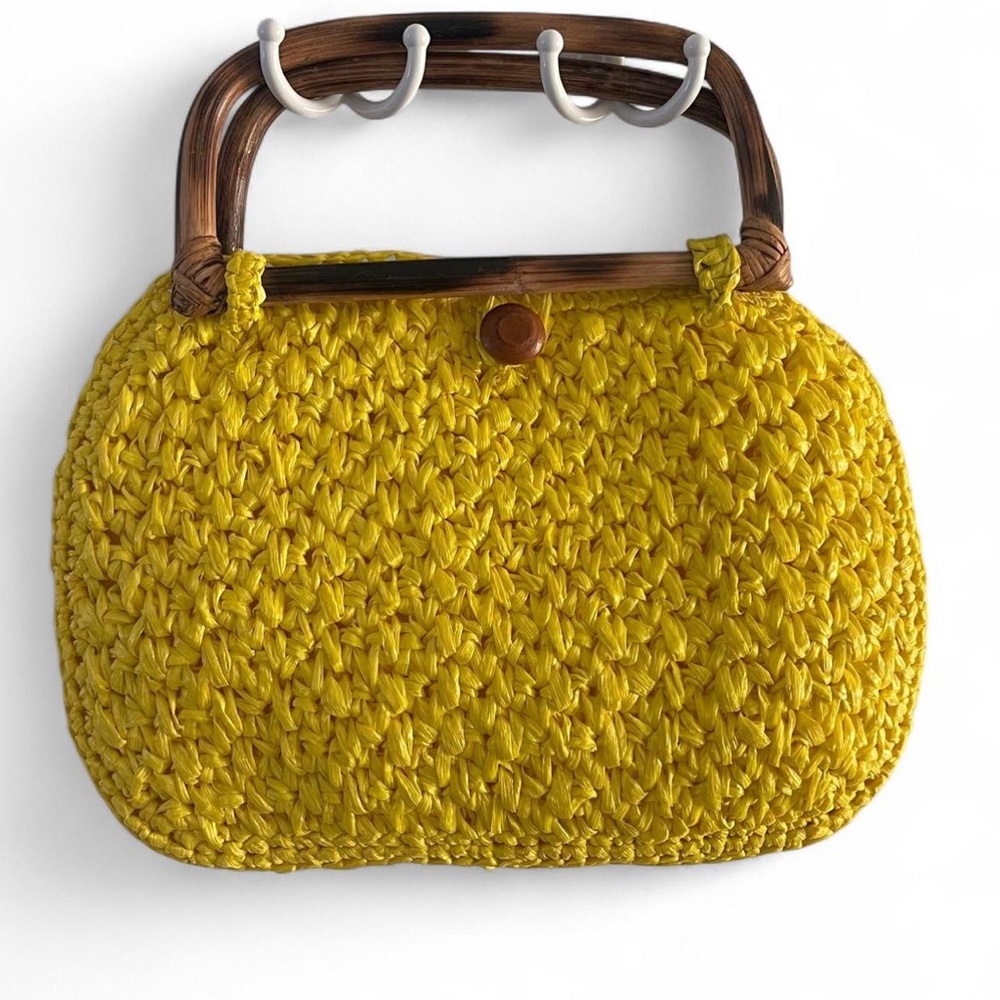 Vintage Yellow Handwoven Clutch with Wooden Handle